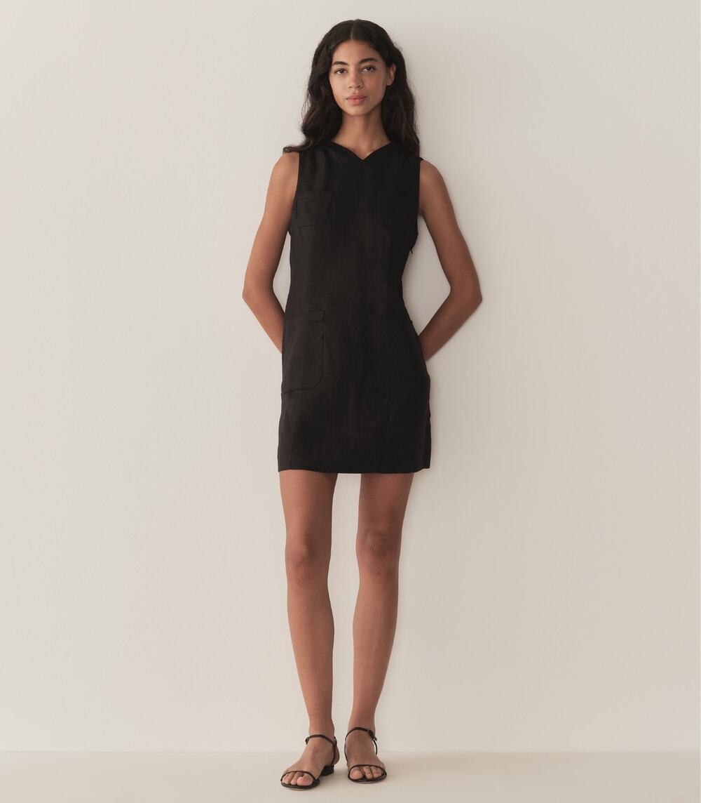 Doen Bennette Dress Black 100% Linen Midi Dress Size S NWT